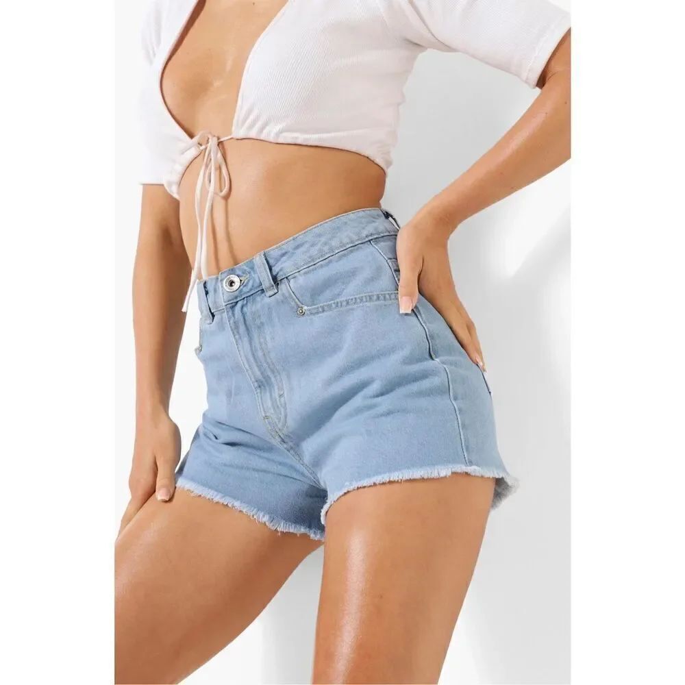 BOOHOO Ladies High Waist Blue Denim Shorts Size 27” Waist